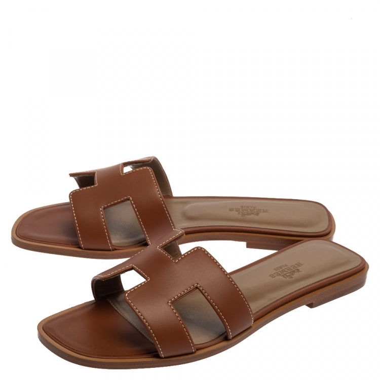 Hermes Brown Leather Oran Sandals Size 37