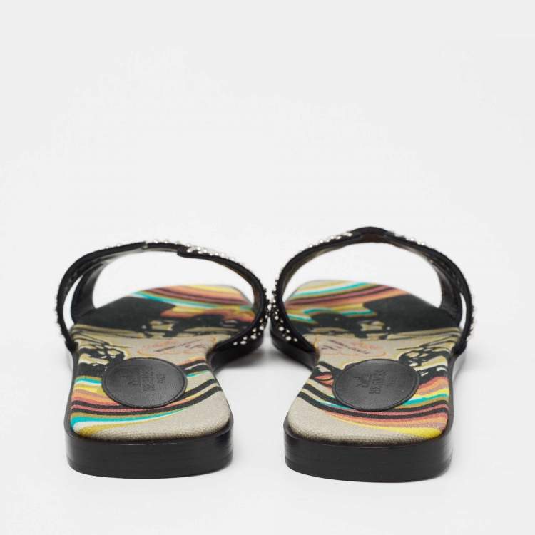Hermes Black Suede Studded Oran Sandals Size 37.5