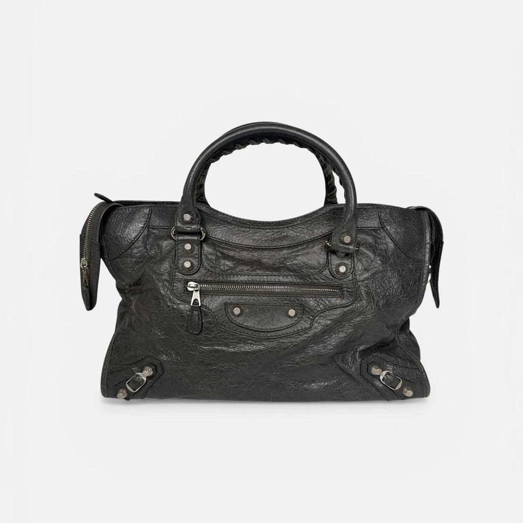 BALENCIAGA MEDIUM LE CITY BAG IN GREY LEATHER WITH SILVER HARDWARE