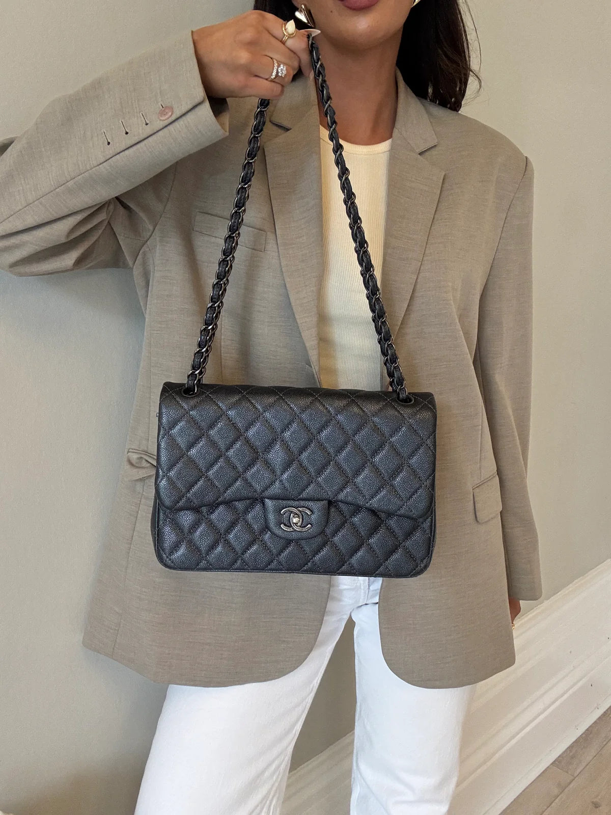 CHANEL JUMBO GUNMETAL METALLIC CALFSKIN LEATHER WITH RUTHENIUM HARDWARE