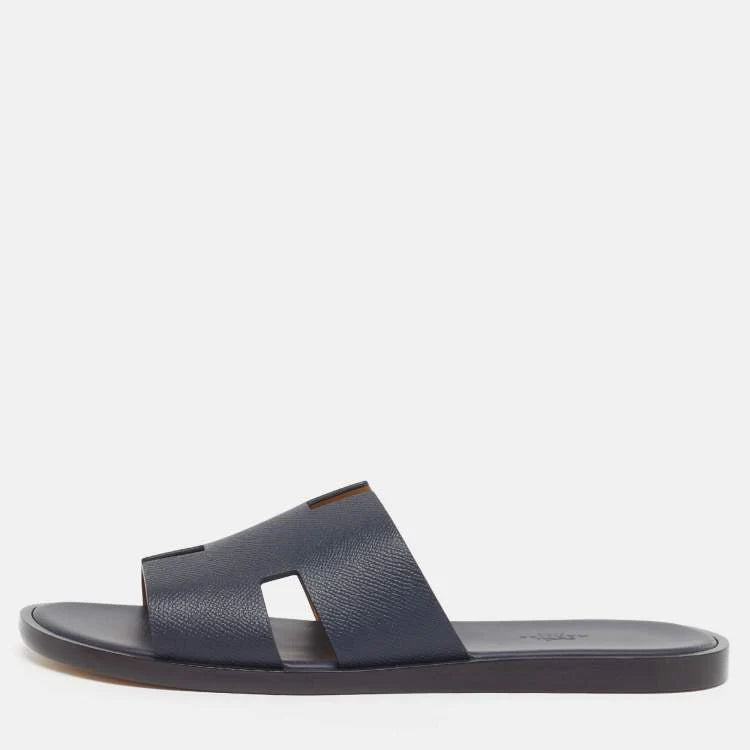 Hermès Izmir Size 43.5 Navy Blue Leather Flat Slides