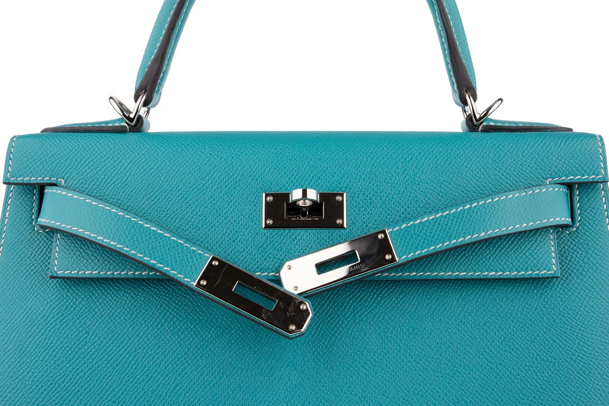 Hermès Kelly 28 HSS Epsom Blue Paon Verso Gris Perle PHW