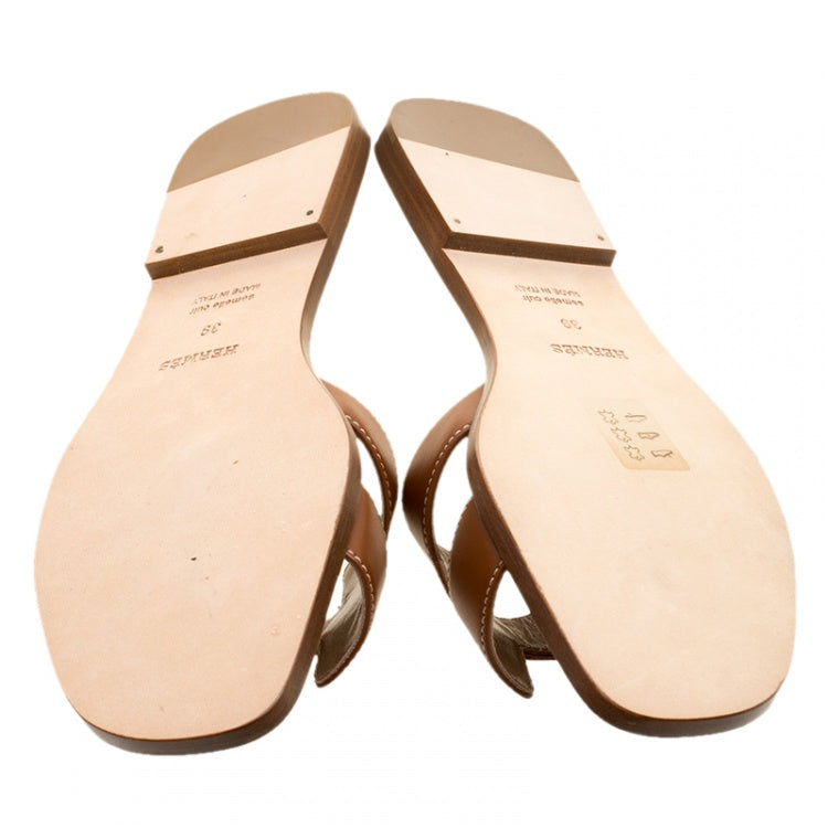 Hermes Brown Leather Oran Flat Sandals Size 39