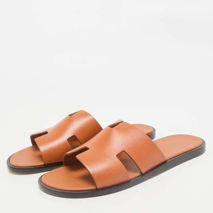 Hermès Orange Leather Izmir Flat Slides Size 45