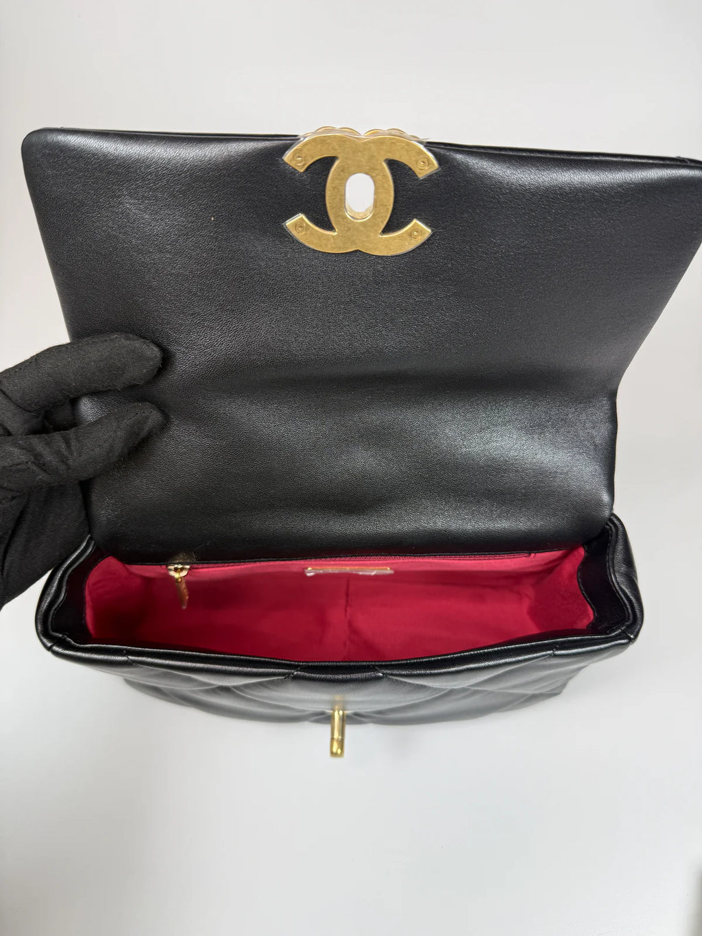 CHANEL 19 SMALL IN BLACK LAMBSKIN LEATHER WITH GOLD AND SILVER HARDWARE