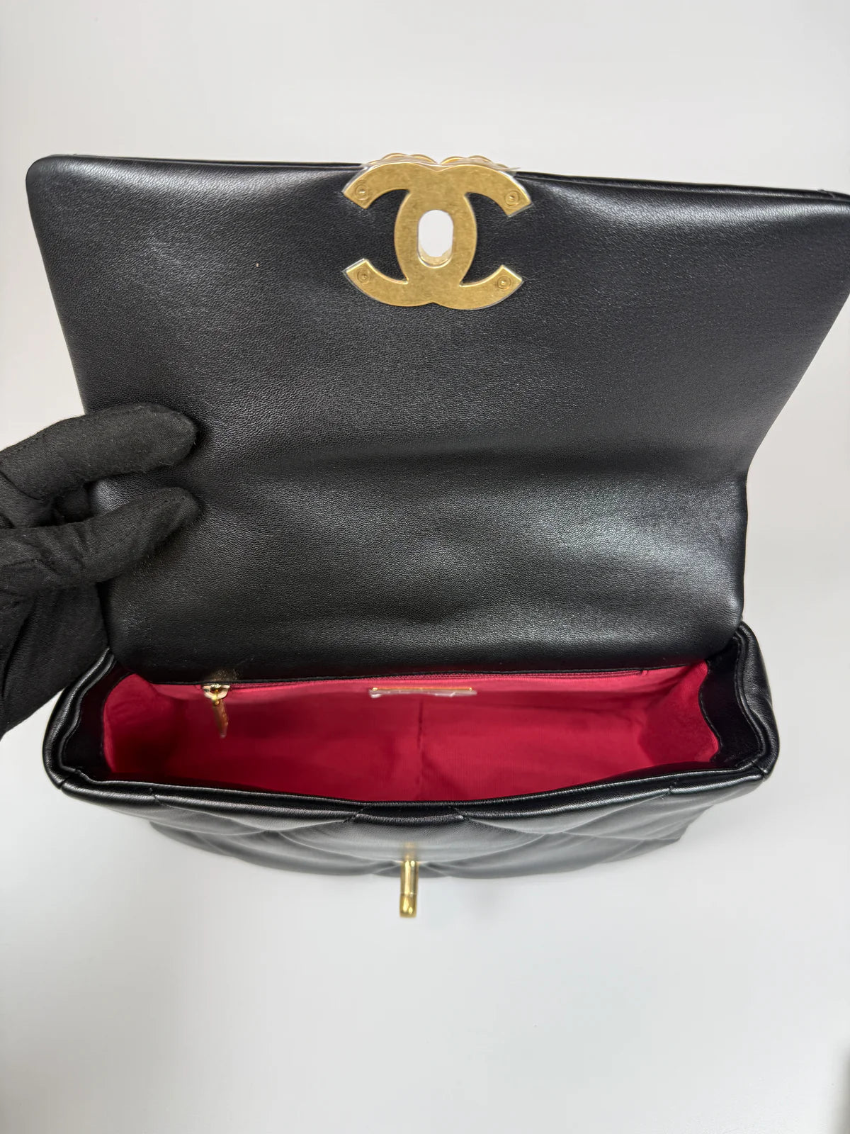 CHANEL 19 SMALL IN BLACK LAMBSKIN LEATHER WITH GOLD AND SILVER HARDWARE