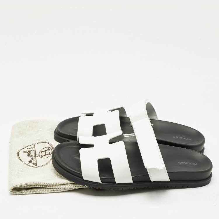 Hermes White Leather Chypre Slide Sandals Size 41