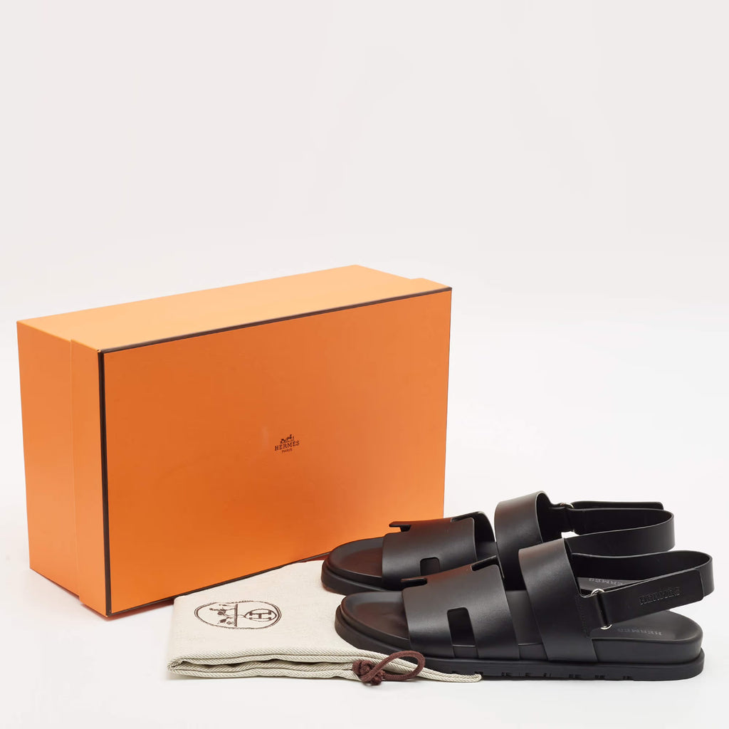 Hermes Genius Size 42 Black Leather Flat Sandals