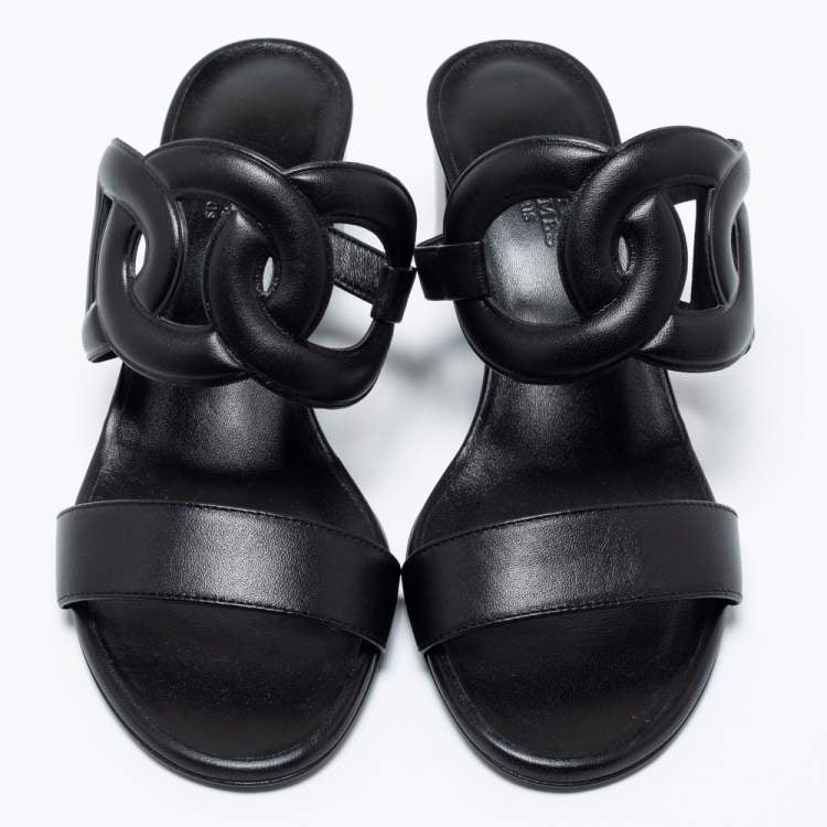 Hermes Black Leather Bikini Slide Sandals Size 36