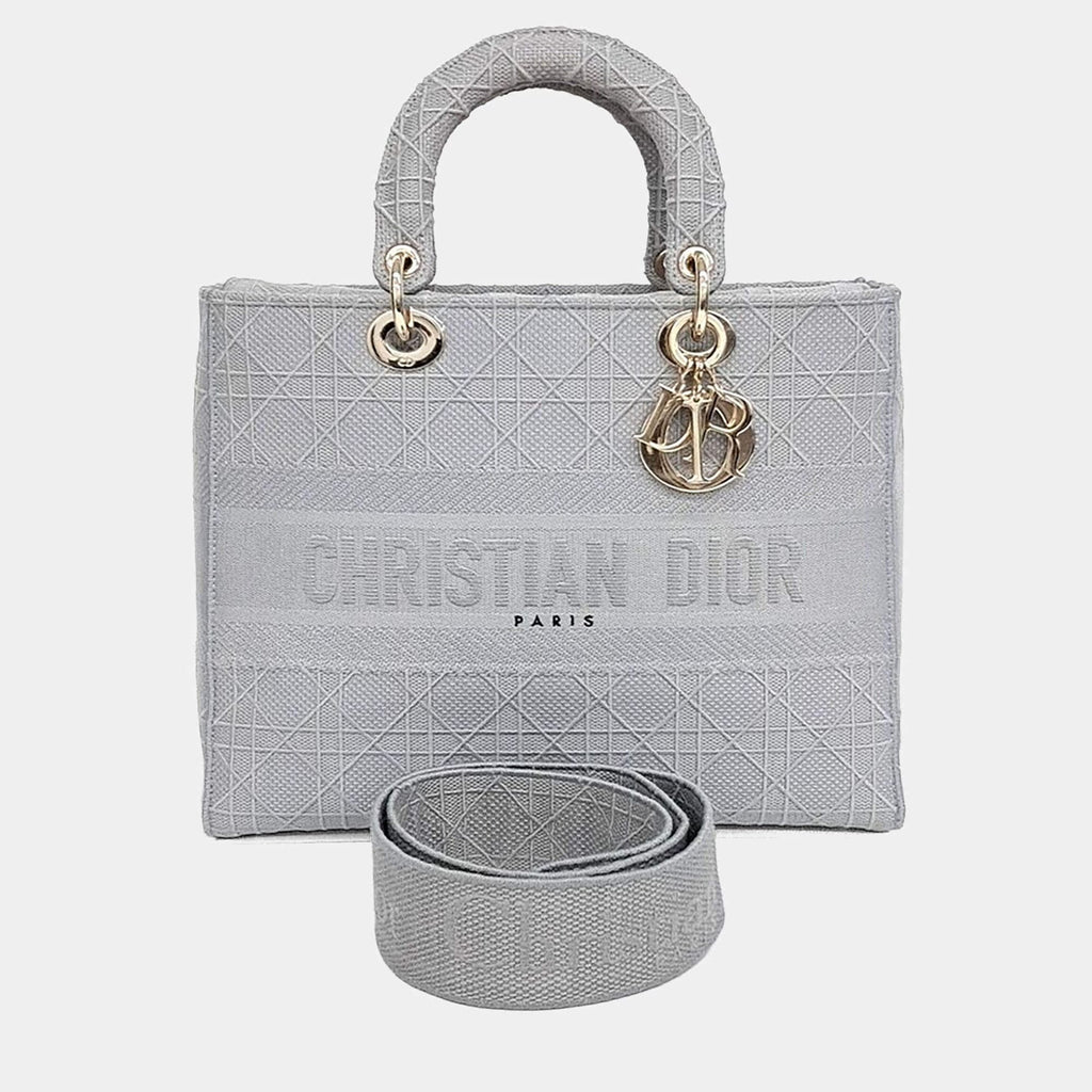 Christian Dior D-Lite Lady Large Grey Fabric Top Handle Bag