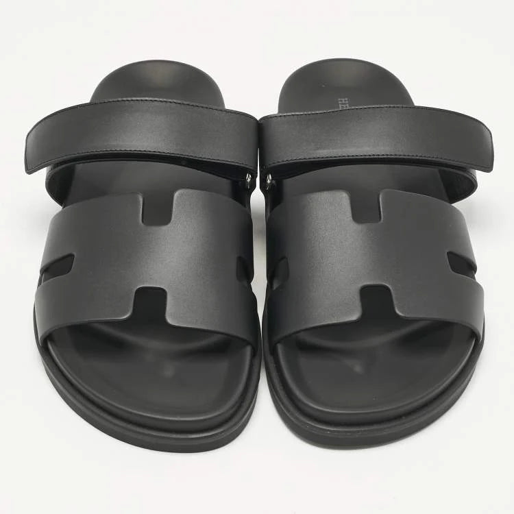 Hermès Black Leather Chypre Sandals Size 43