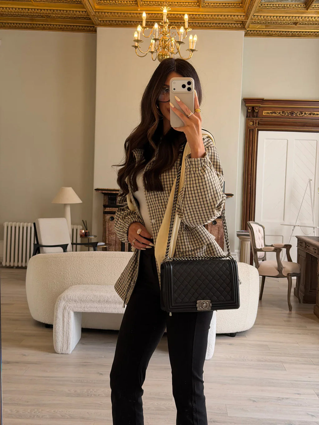 CHANEL BLACK LAMBSKIN LEATHER LARGE BOY BAG WITH RHW