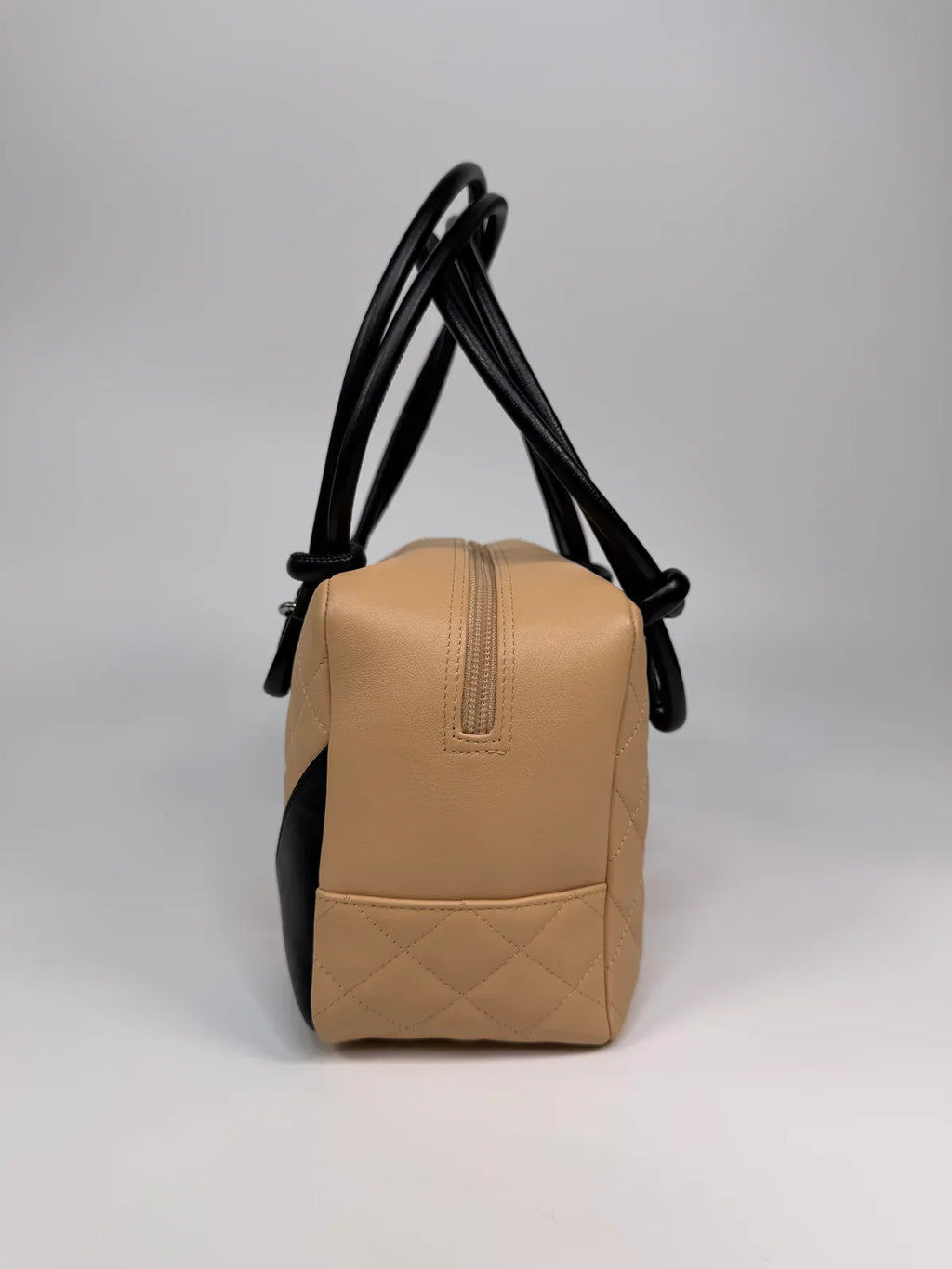 CHANEL CAMBON BOWLING BAG IN BEIGE / BLACK LAMBSKIN LEATHER WITH SILVER HARDWARE