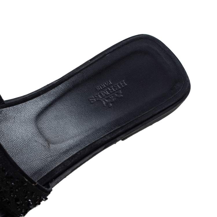 Hermes Black Crystal Embellished Suede Oran Sandals Size 39.5