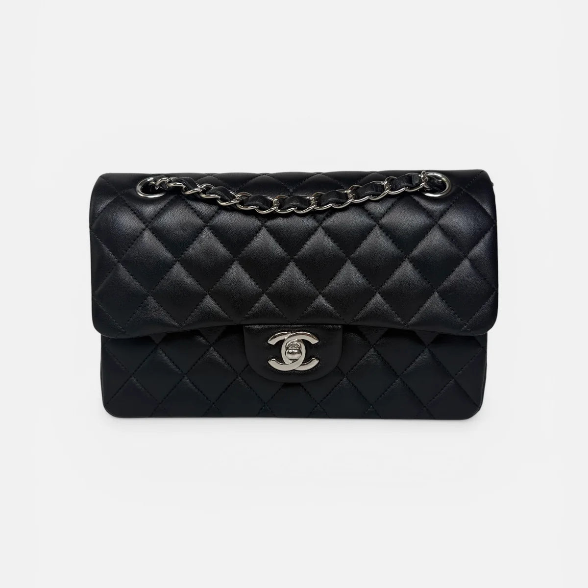 CHANEL SMALL CLASSIC DOUBLE FLAP IN BLACK LAMBSKIN LEATHER WITH SILVER HARDWARE