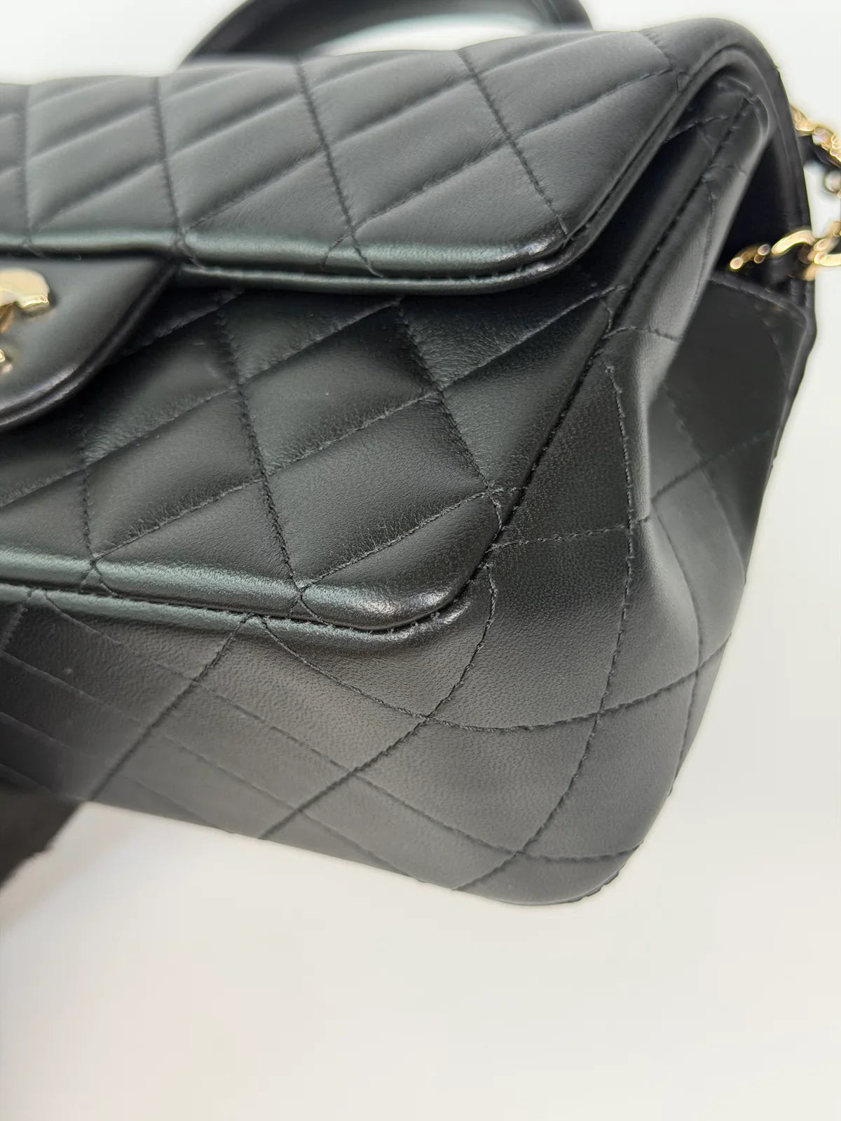 CHANEL MINI RECTANGLE TOP HANDLE IN BLACK LAMBSKIN LEATHER WITH PALE GOLD HARDWARE