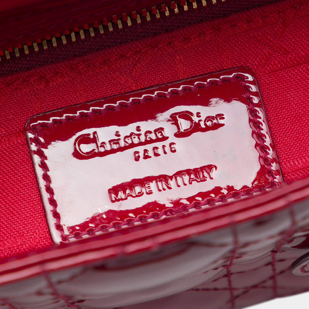 Christian Dior Mini Lady Dior Cherry Red Patent Calfskin Leather Top Handle Bag