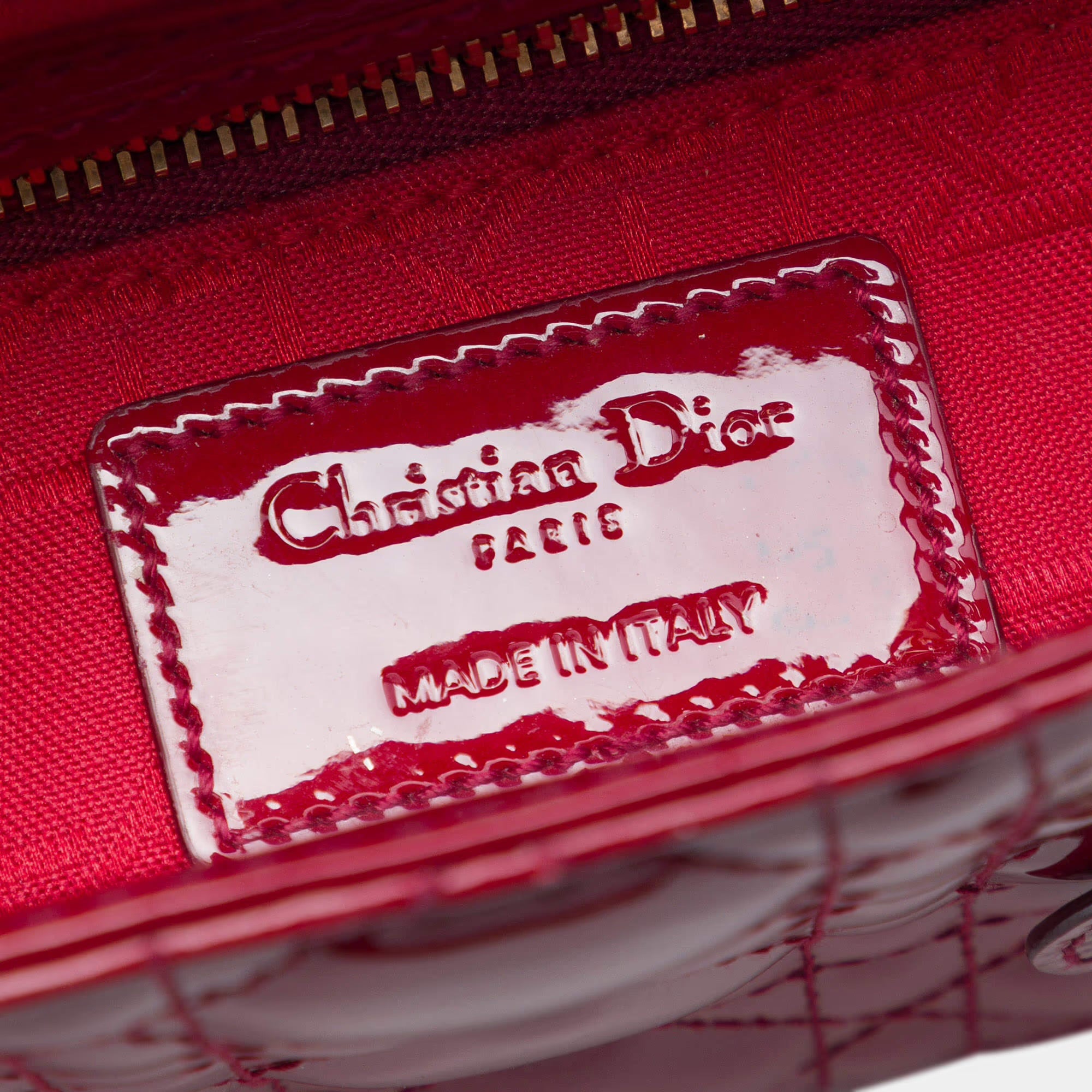 Christian Dior Mini Lady Dior Cherry Red Patent Calfskin Leather Top Handle Bag