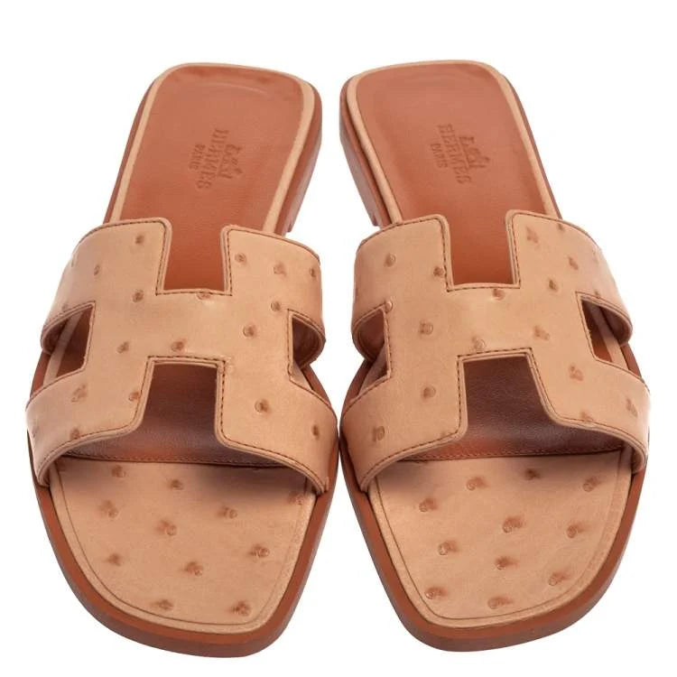 Hermes Pink Ostrich Leather Oran Sandals Size 39