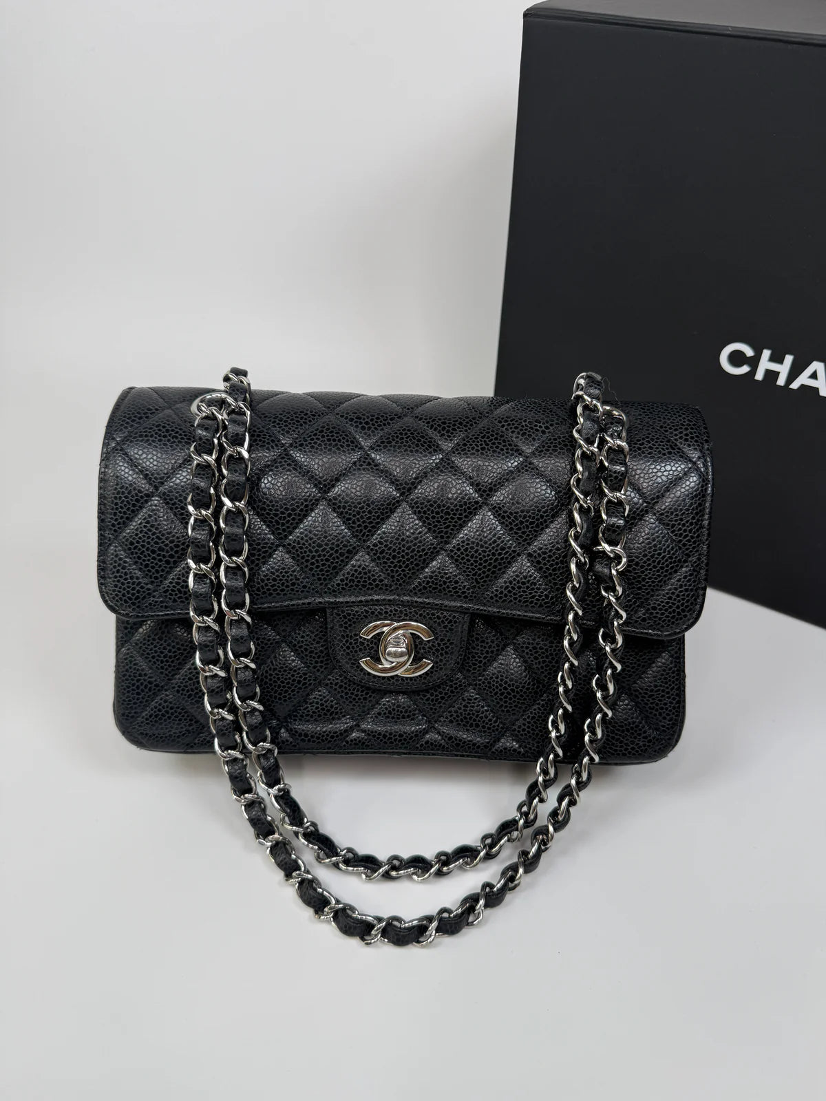 CHANEL SMALL CLASSIC DOUBLE FLAP IN BLACK CAVIAR LEATHER WITH SILVER HARDWARE