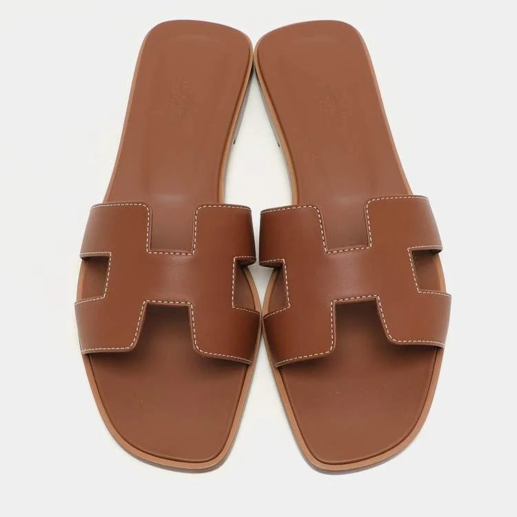 Hermes Gold Leather Oran Flat Sandals Size 41
