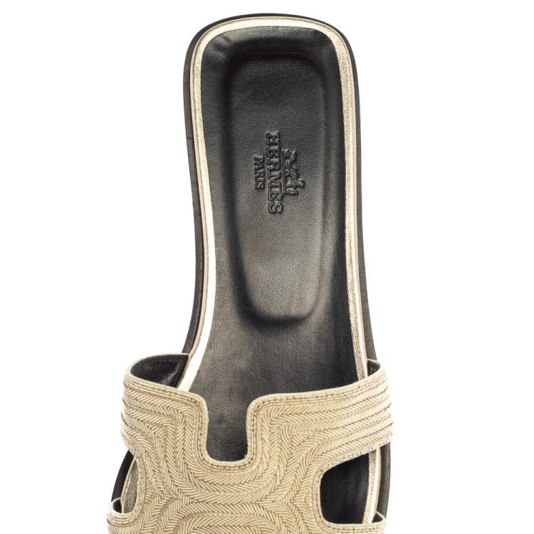Hermes Metallic Pale Gold Twisted Metal Thread Oran Sandals Size 39.5