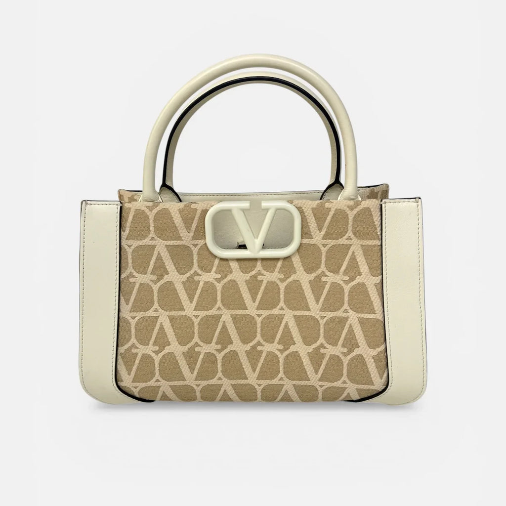 VALENTINO GARAVANI CANVAS TOTE IN BEIGE CANVAS AND LEATHER WITH GOLD HARDWARE