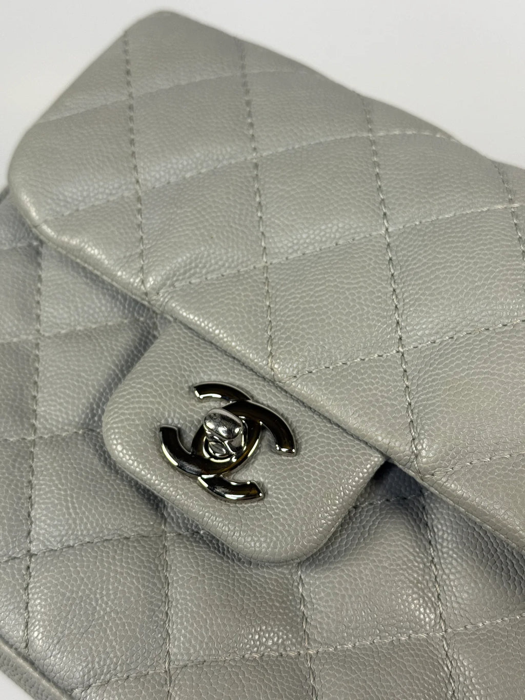 CHANEL MINI FLAP BAG IN GLACIER GREY CAVIAR LEATHER WITH SILVER HARDWARE