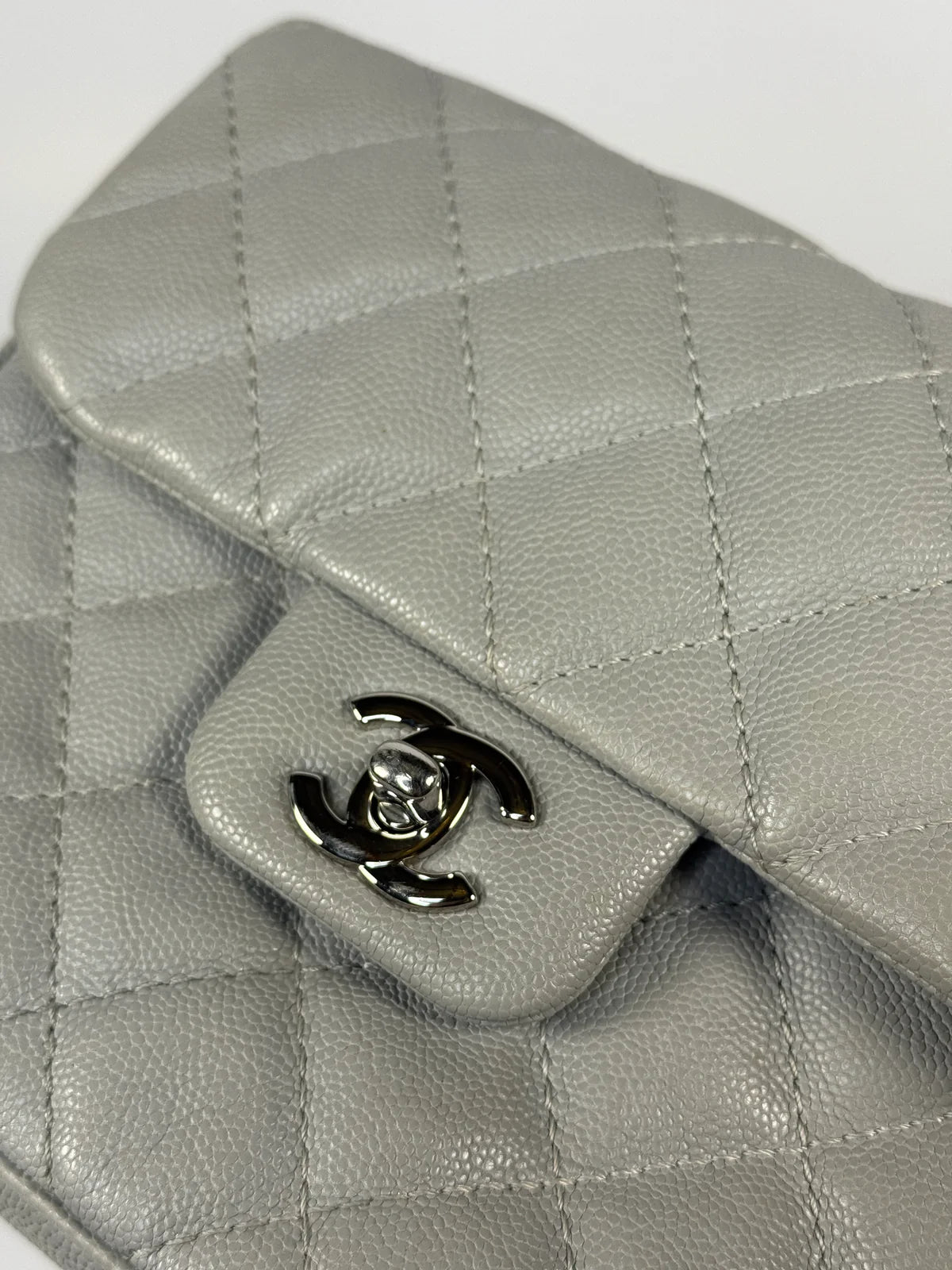 CHANEL MINI FLAP BAG IN GLACIER GREY CAVIAR LEATHER WITH SILVER HARDWARE
