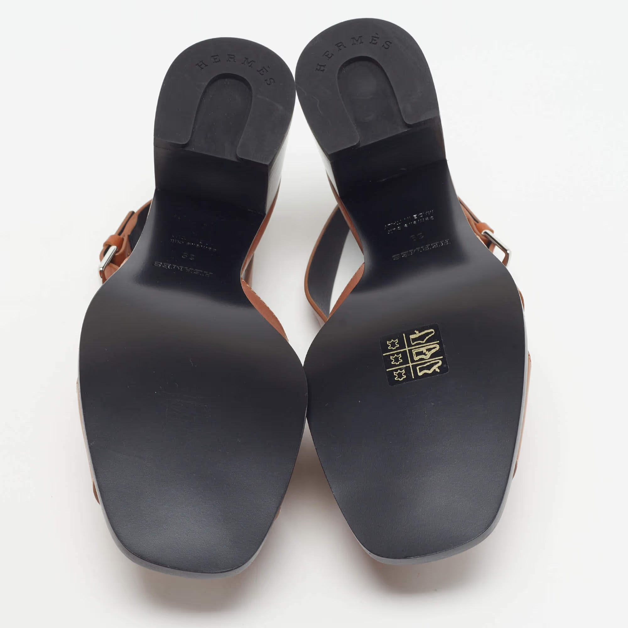 Hermès Elbe Size 39 Brown Leather Slingback Sandals