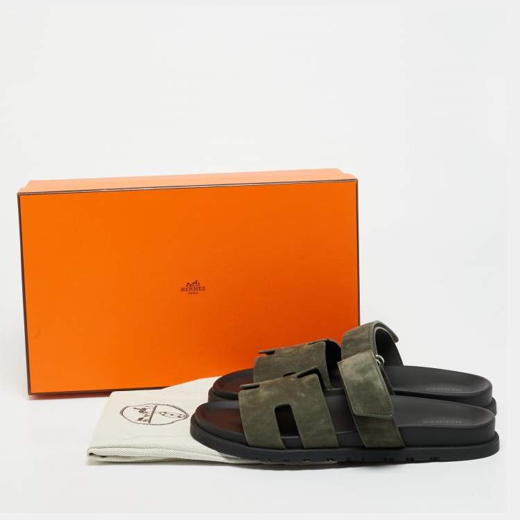 Hermes Chypre Size 42 Dark Olive Green Slide Sandals