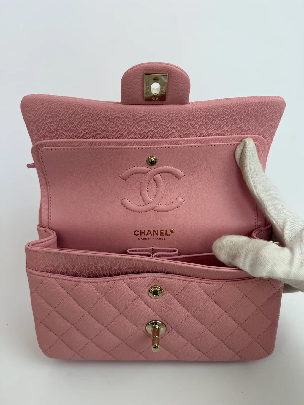 CHANEL SMALL CLASSIC DOUBLE FLAP IN PINK CAVIAR LEATHER WITH GOLD HARDWARE