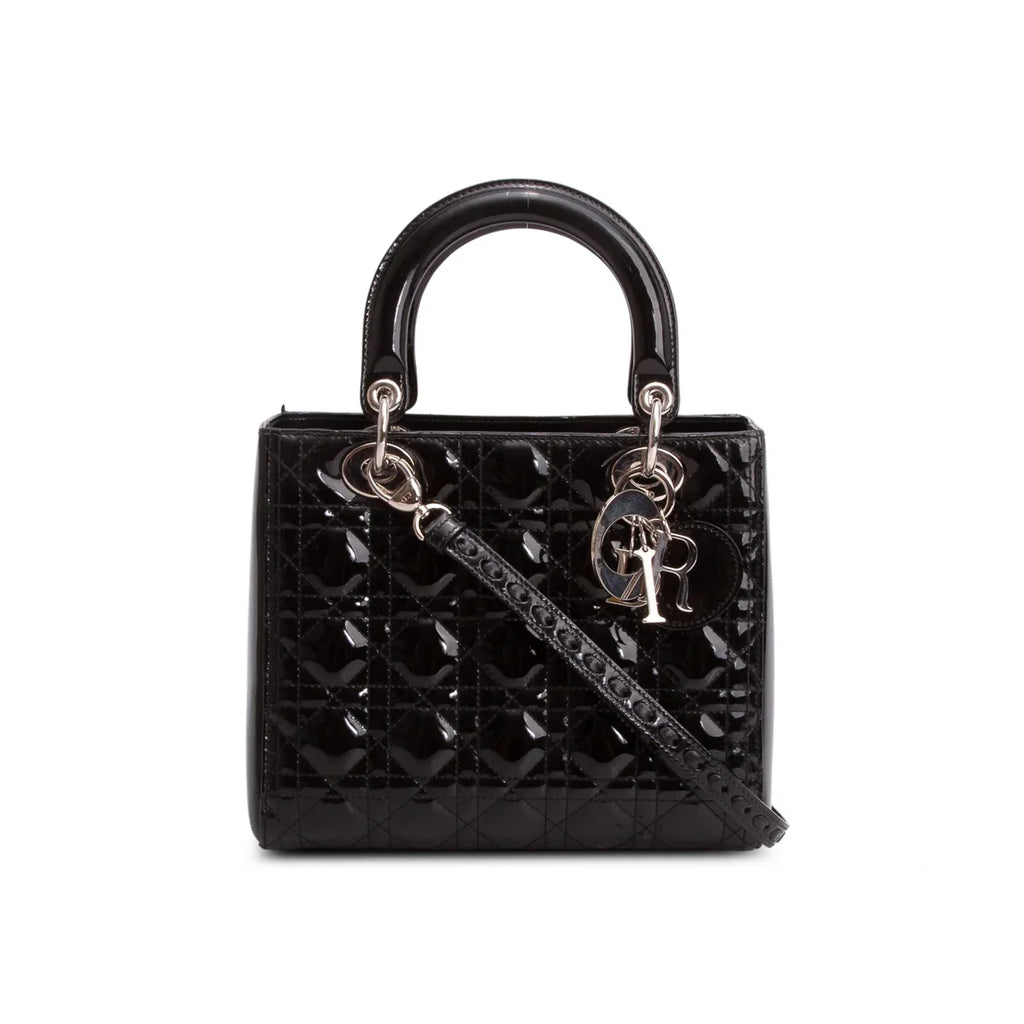 Christian Dior Black Cannage Patent Leather Medium Lady Dior Bag