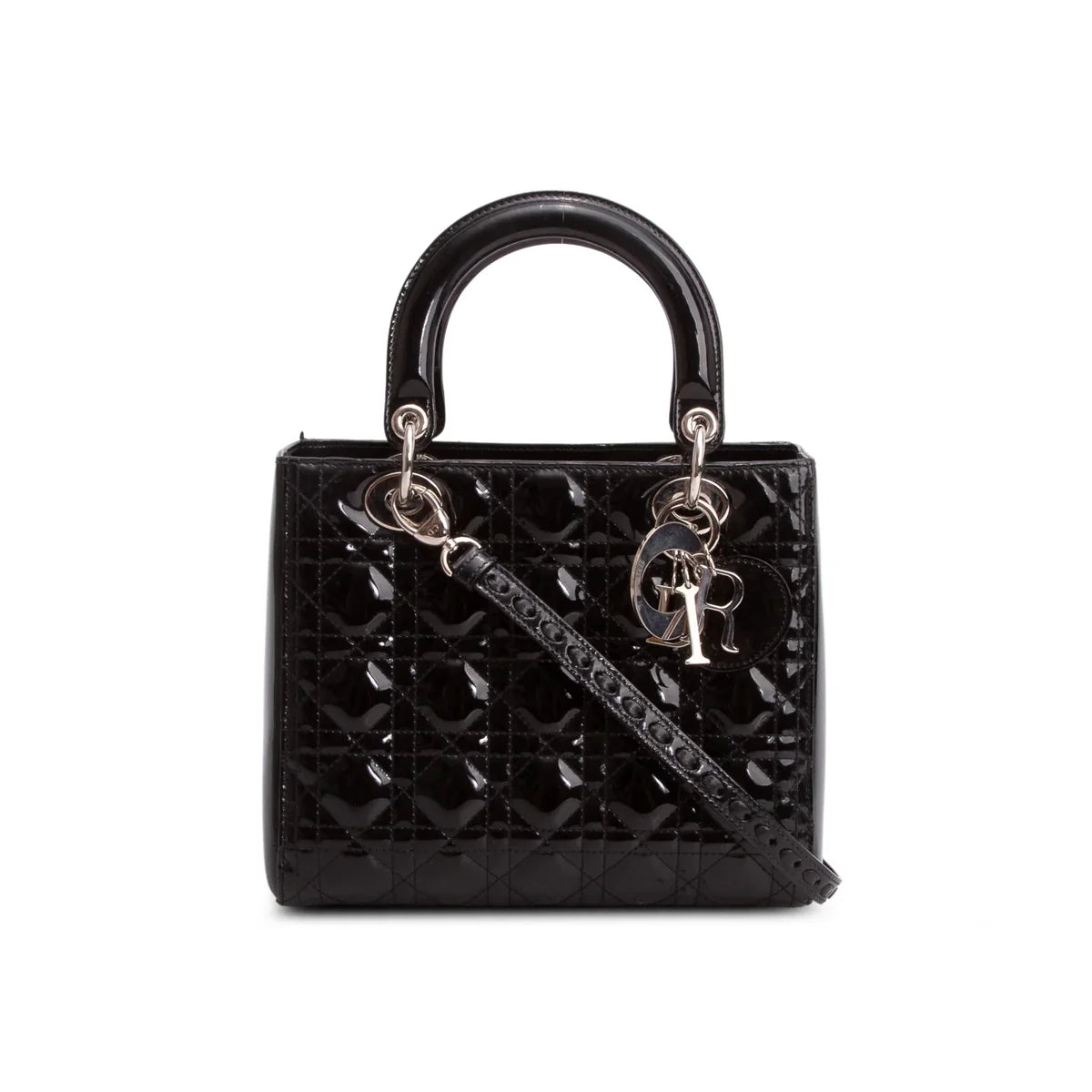 Christian Dior Black Cannage Patent Leather Medium Lady Dior Bag
