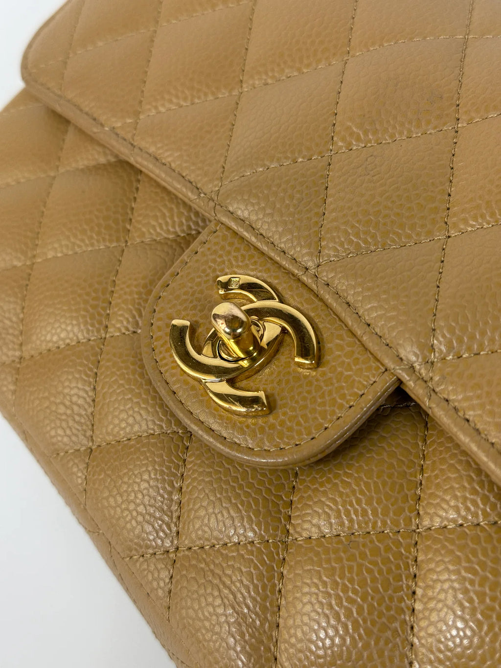 CHANEL SMALL CLASSIC DOUBLE FLAP IN BEIGE CAVIAR LEATHER WITH GOLD HARDWARE
