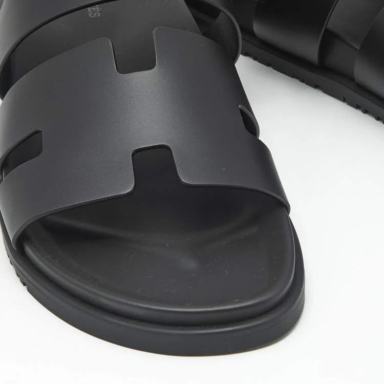 Hermes Black Leather Genius Flat Sandals Size 46