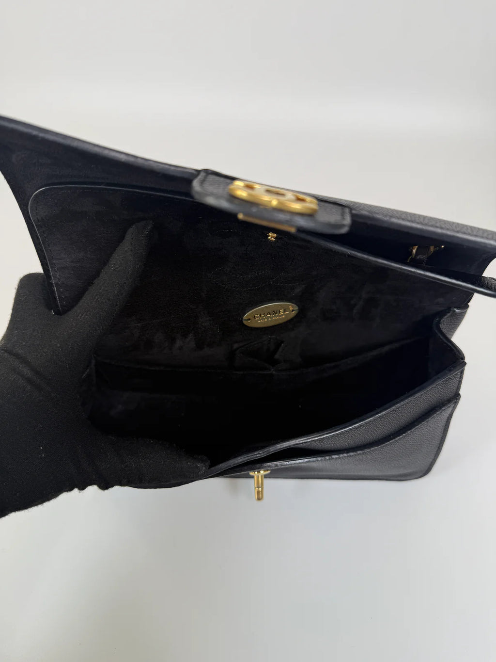 CHANEL MEDIUM PURE TIMELESS FLAP BLACK IN BLACK CAVIAR LEATHER WITH GOLD HARDWARE