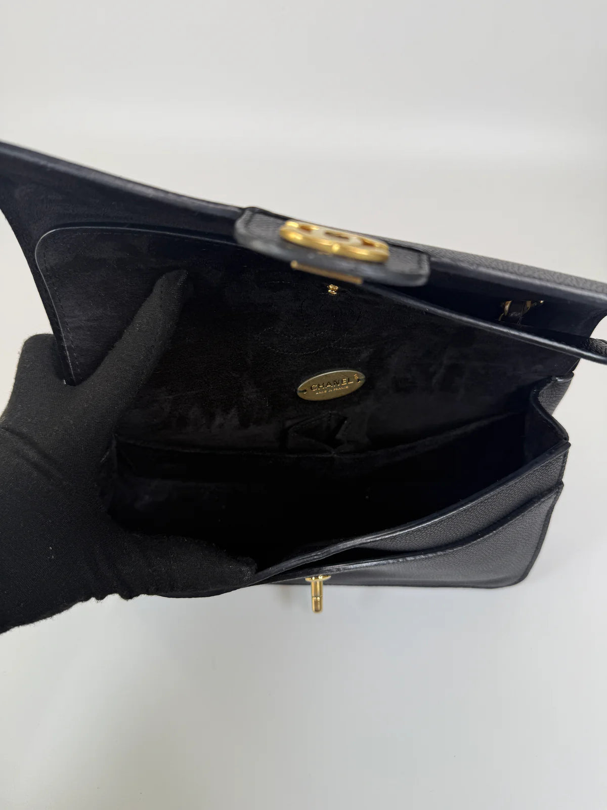 CHANEL MEDIUM PURE TIMELESS FLAP BLACK IN BLACK CAVIAR LEATHER WITH GOLD HARDWARE