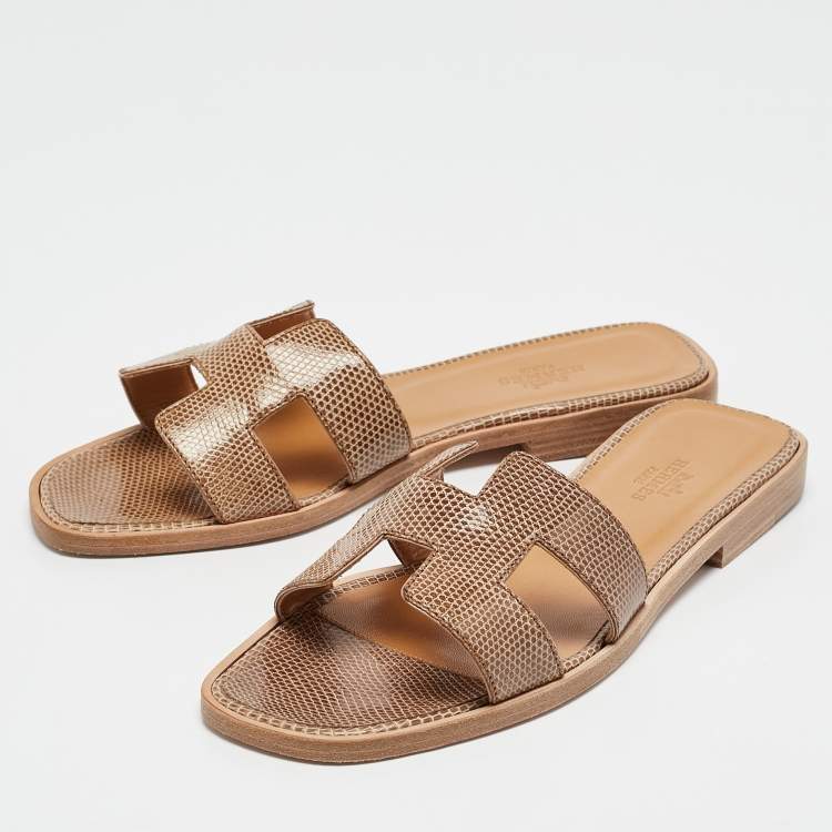 Hermes Beige Lizard Oran Slide Sandals Size 35