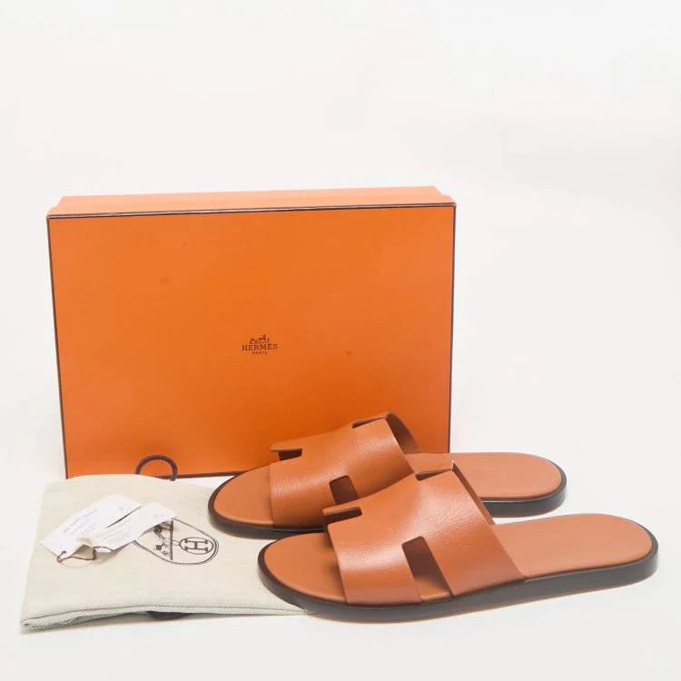 Hermès Orange Leather Izmir Flat Slides Size 45