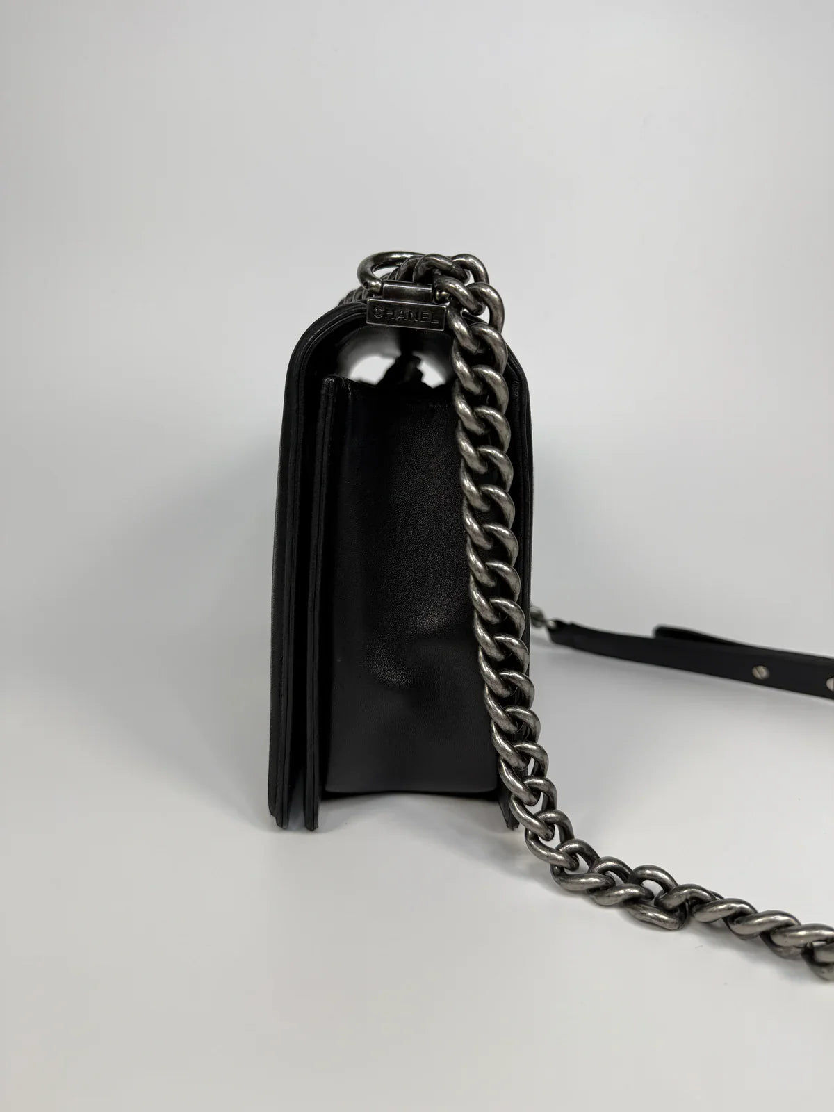 CHANEL BLACK LAMBSKIN LEATHER LARGE BOY BAG WITH RHW