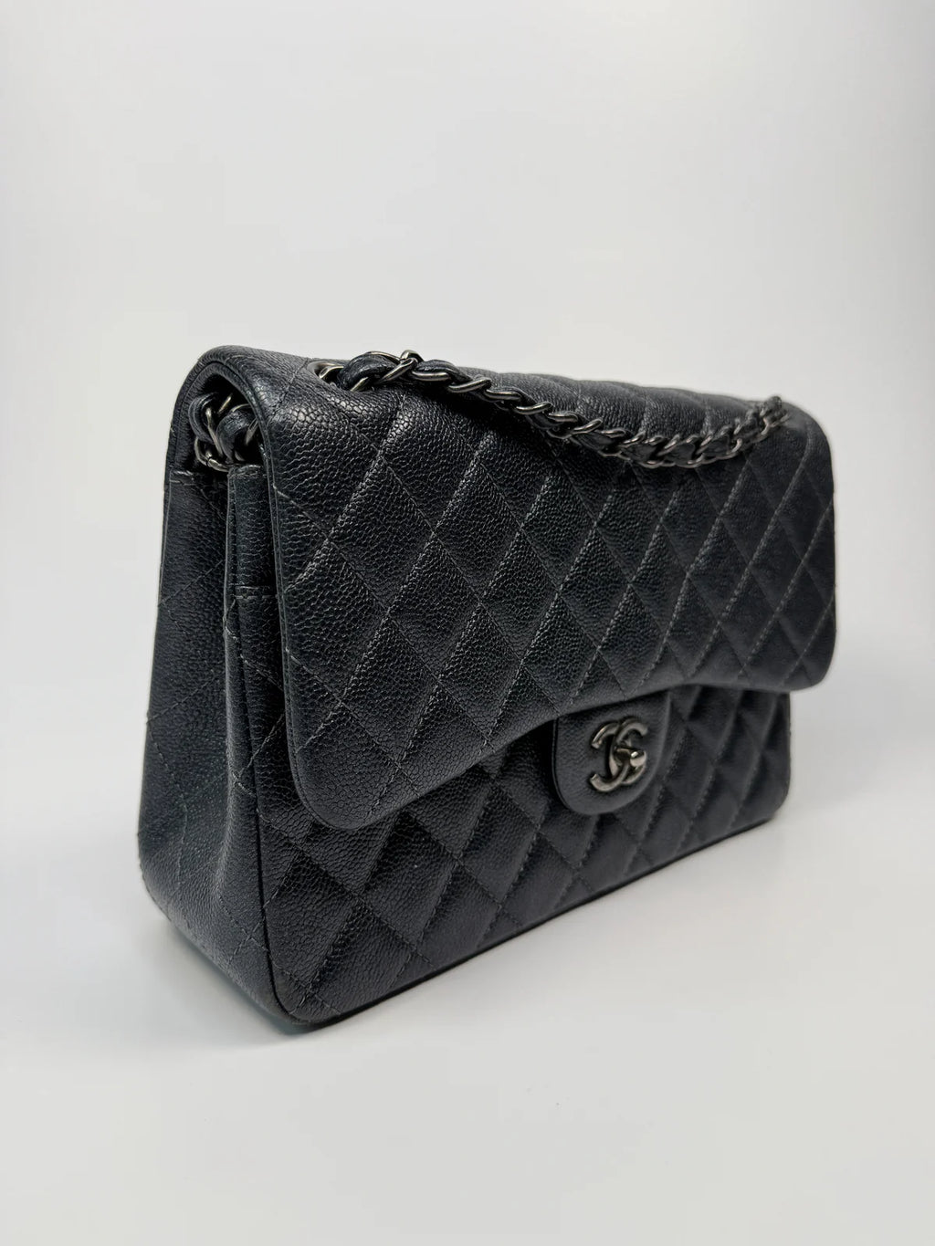 CHANEL JUMBO GUNMETAL METALLIC CALFSKIN LEATHER WITH RUTHENIUM HARDWARE