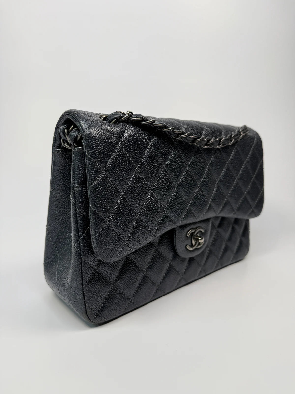 CHANEL JUMBO GUNMETAL METALLIC CALFSKIN LEATHER WITH RUTHENIUM HARDWARE