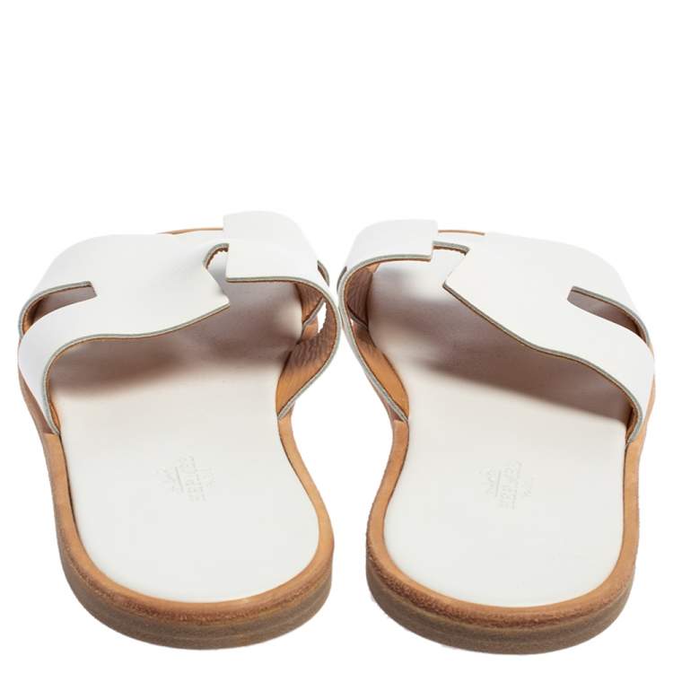 Hermes White Leather Izmir Flat Slides Size 39