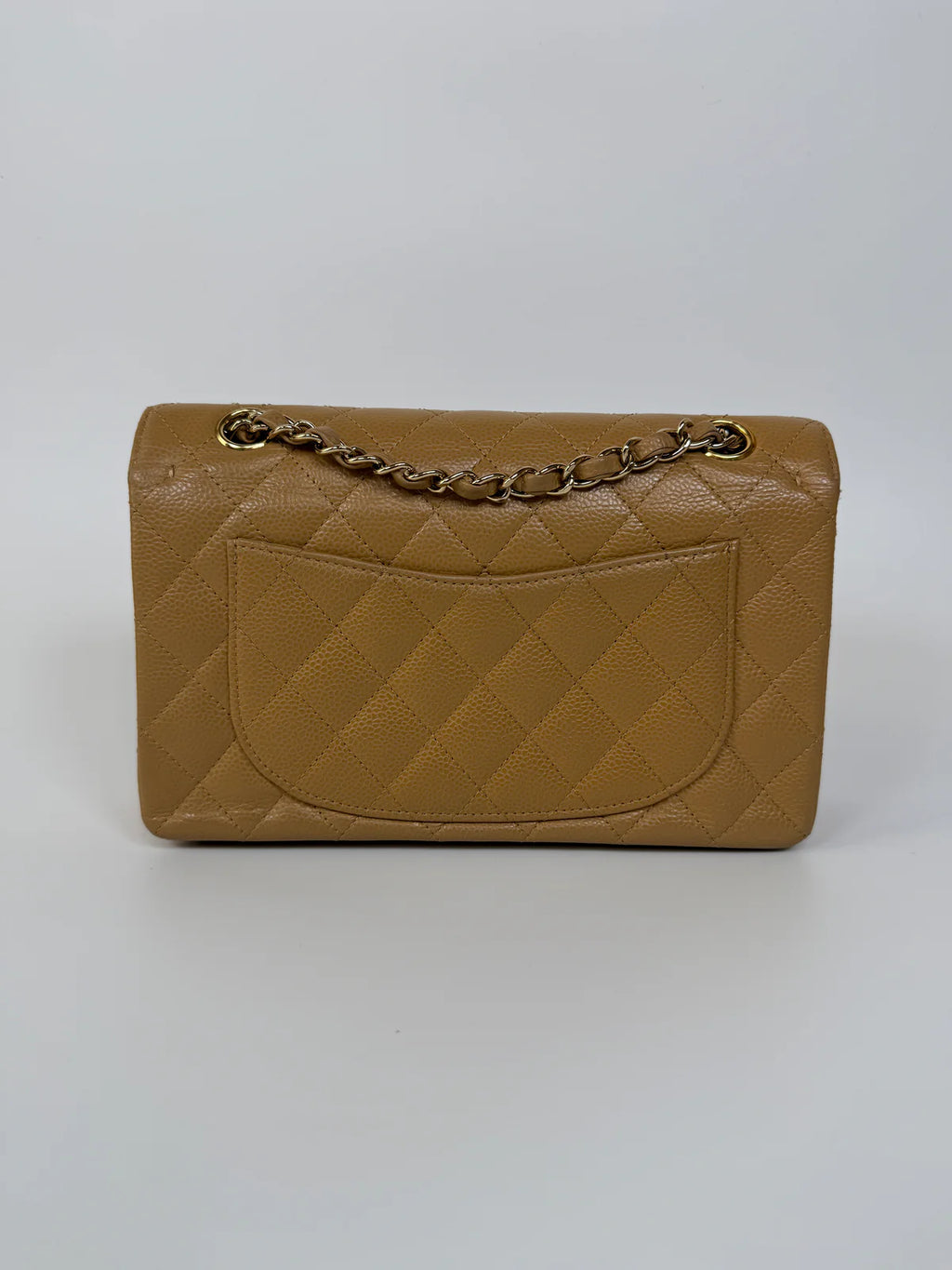 CHANEL SMALL CLASSIC DOUBLE FLAP IN BEIGE CAVIAR LEATHER WITH GOLD HARDWARE