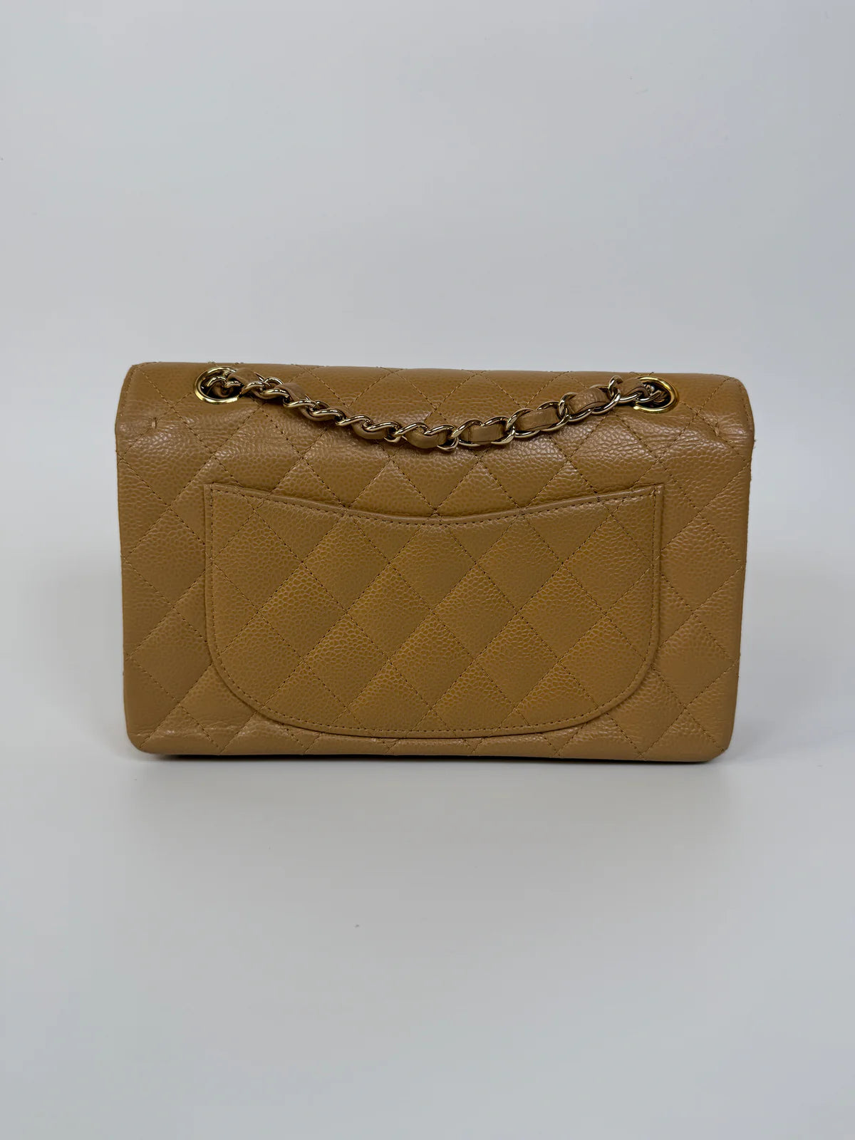 CHANEL SMALL CLASSIC DOUBLE FLAP IN BEIGE CAVIAR LEATHER WITH GOLD HARDWARE