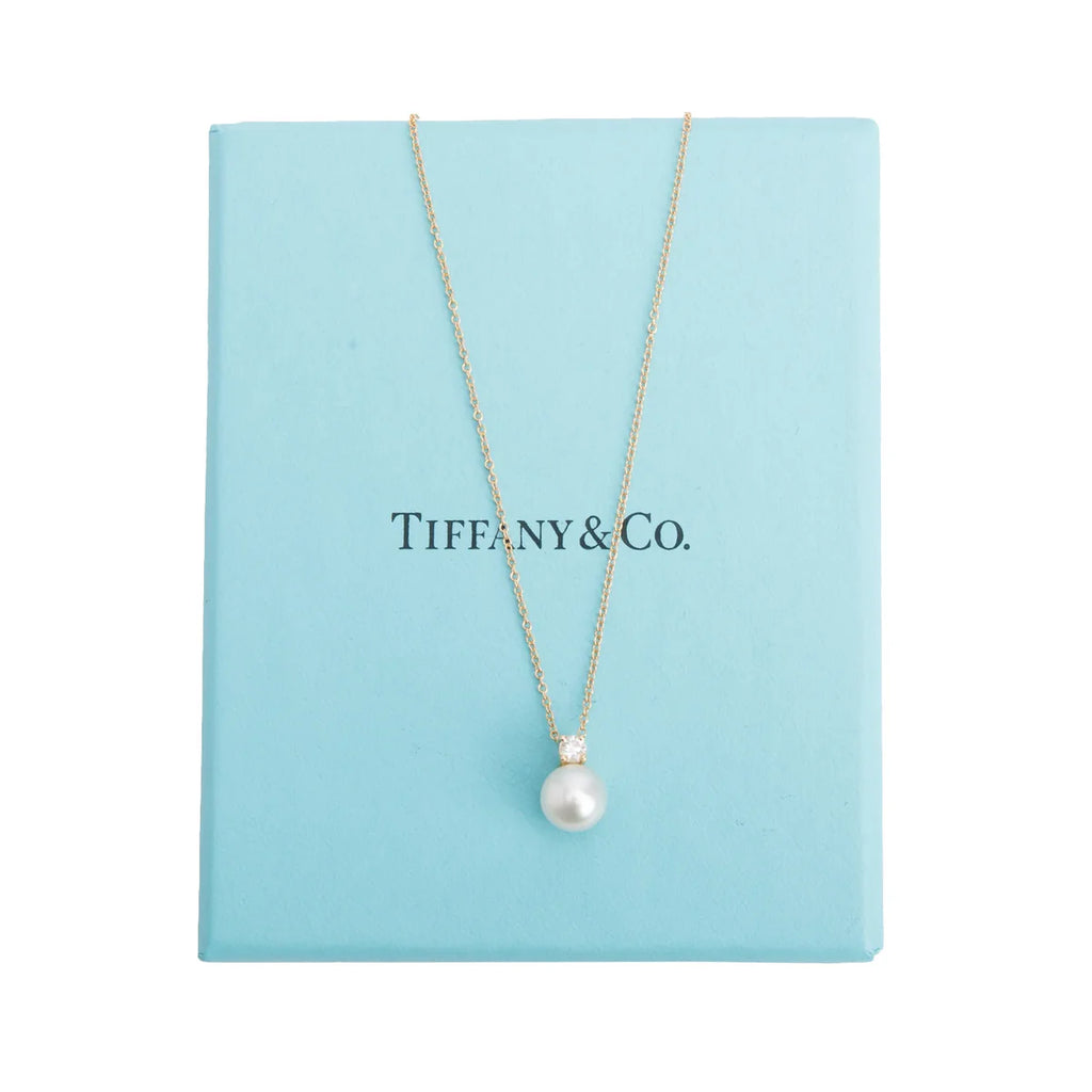 Tiffany & Co 18k Yellow Gold Diamond Signature Pearl Pendant Necklace