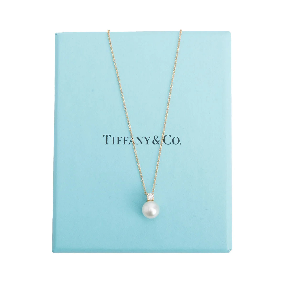 Tiffany & Co 18k Yellow Gold Diamond Signature Pearl Pendant Necklace