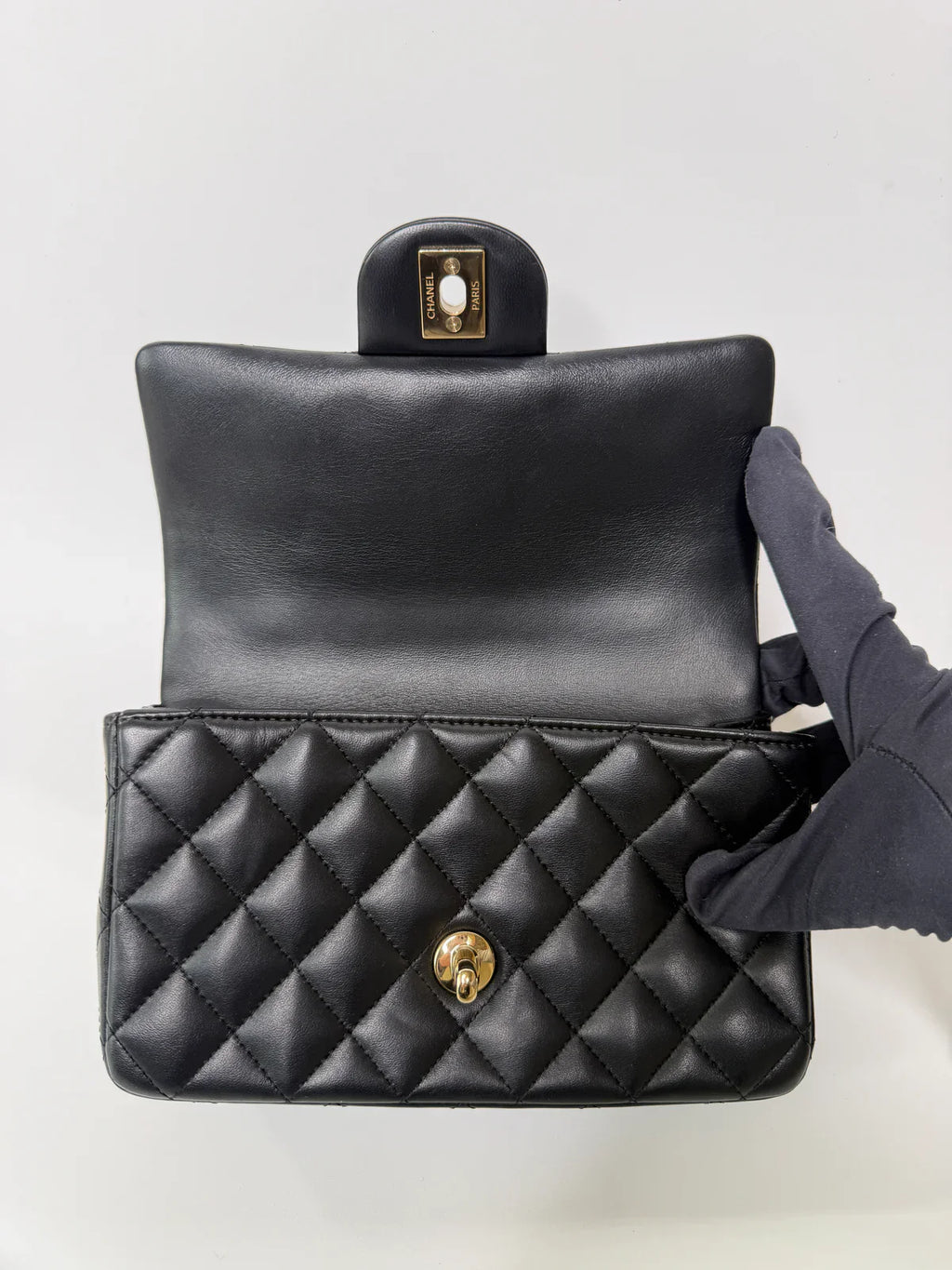 CHANEL MINI RECTANGLE TOP HANDLE FLAP BAG IN BLACK LAMBSKIN WITH PALE GOLD HARDWARE