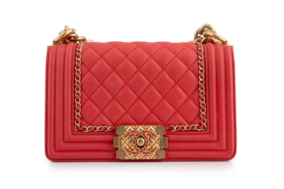 Chanel Quilted Chain Around Small Boy Lamskin Watermelon Red GHW
